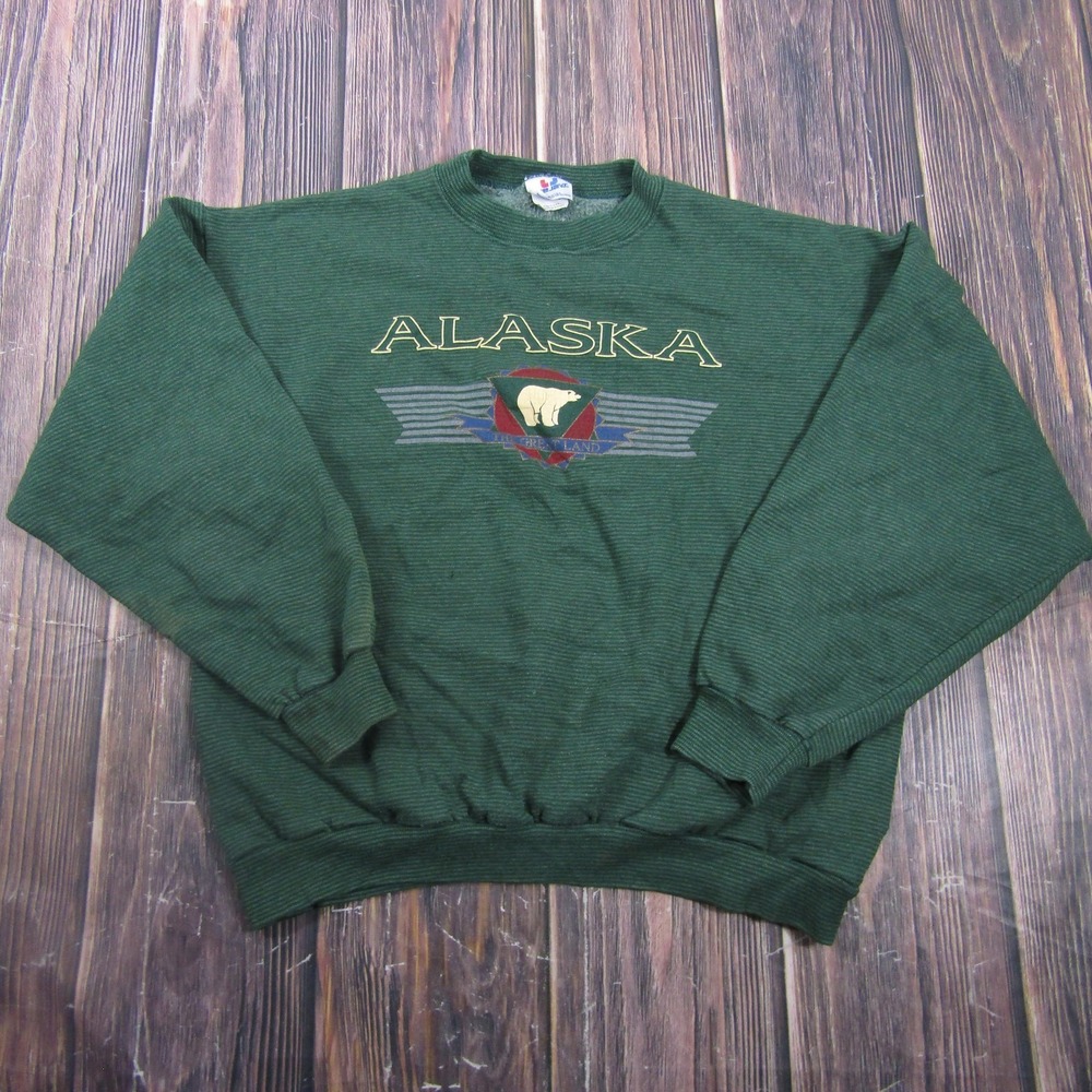Vintage Tee Jays Sweatshirt Mens XL Green Alaska Polar Bear Fleece Crewneck USA